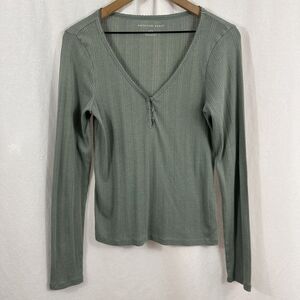 American Eagle Green Dainty Lightweight Ribbed Pointelle Long Sleeve Tee Sz L